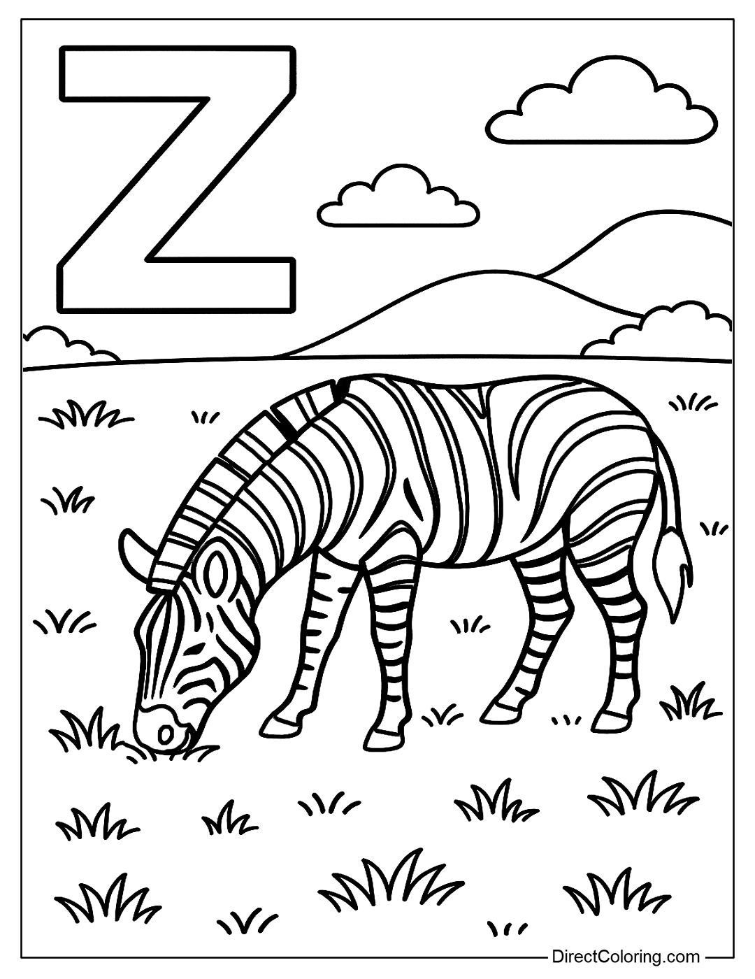 Z coloring page with a zebra grazing in the savanna